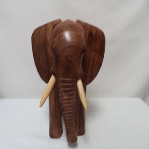 Elephant Wood Hand Carved Figurine Statue brown w/ Tusks Trunk 11" x 8.5" Decor - Picture 8 of 13